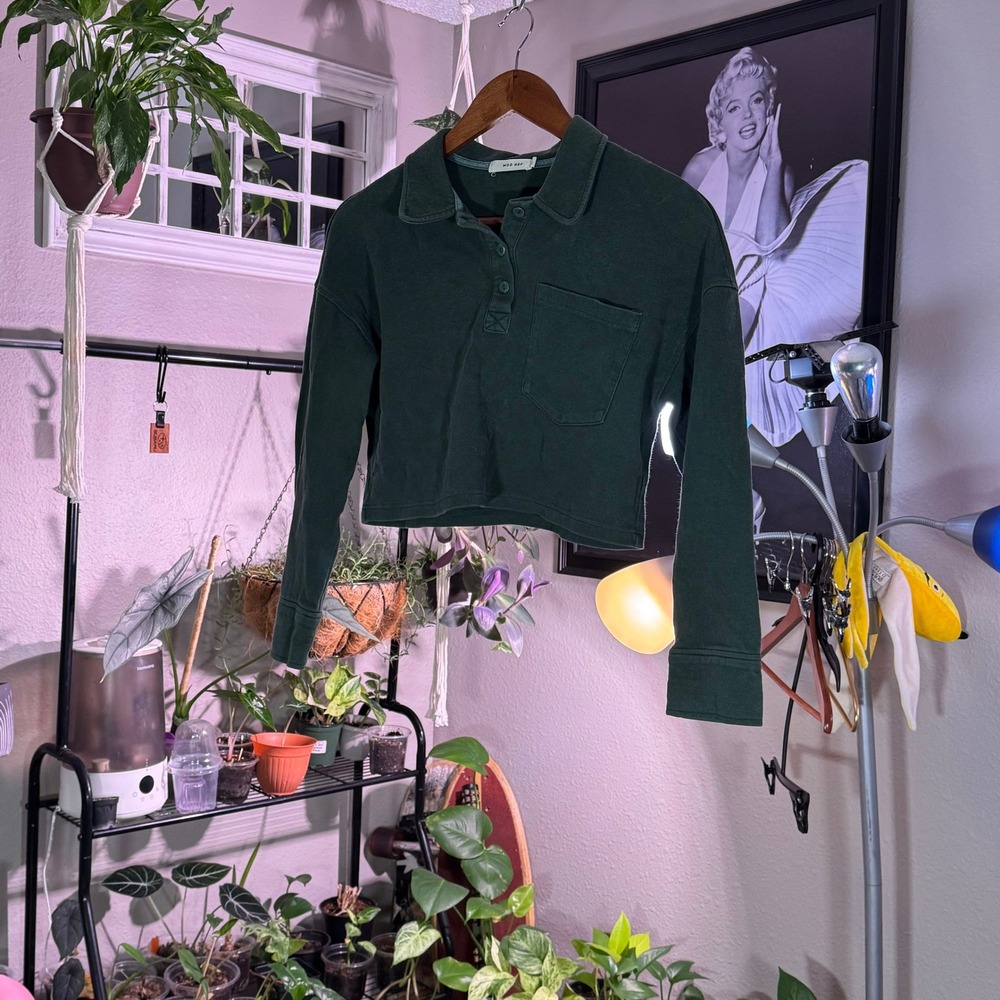 Mod Ref Green Polo Shirt Crop Top Long Sleeve Button Up Women's Size S